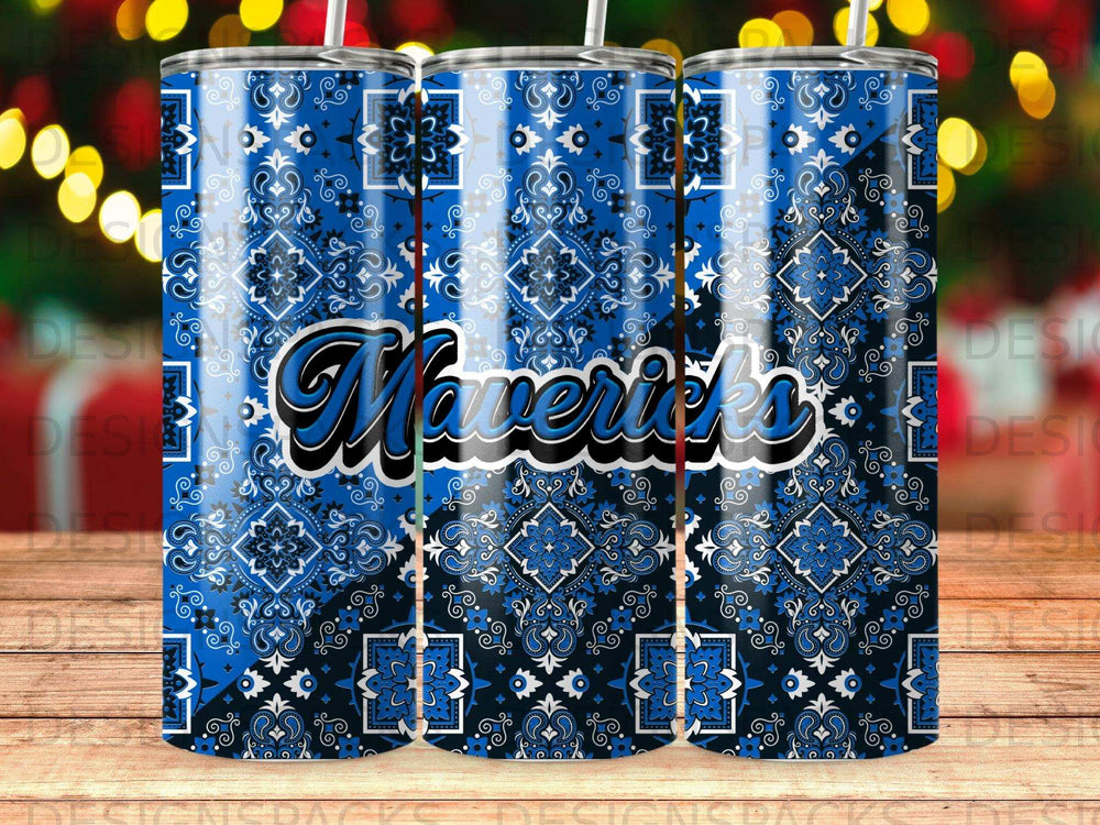 Blue bandana pattern tumbler with "Mavericks" text.