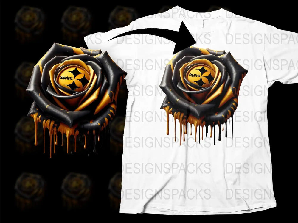Pittsburgh Steelers Themed T-Shirt, Black and Gold Rose Design, Dripping Paint Graphic Tee, Sports Fan Apparel