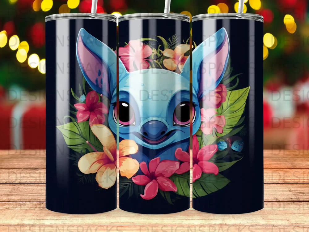 Stitch character surrounded by tropical flowers and leaves on dark background.