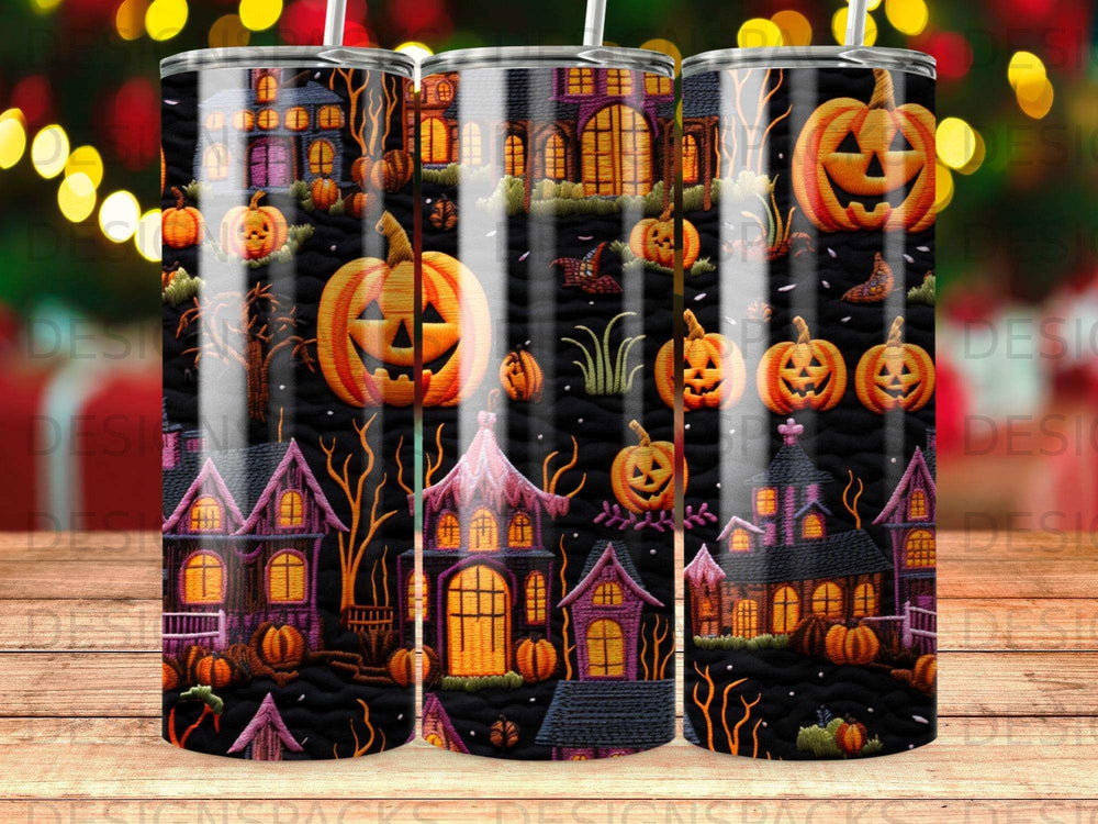Spooky Halloween scene with pumpkins and haunted houses on a tumbler.