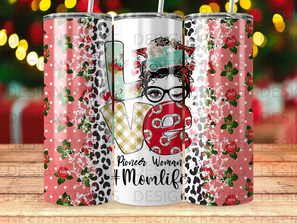 "Love" Pioneer Woman tumbler with floral and leopard print.