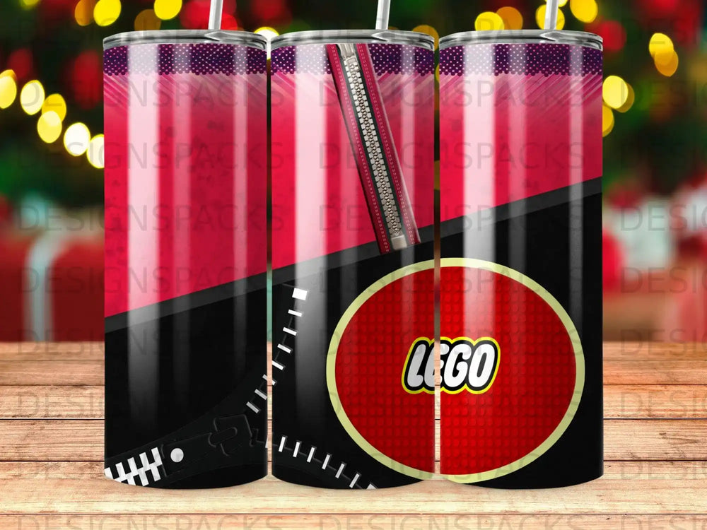 Tumbler with red LEGO logo pattern and black zipper detail.