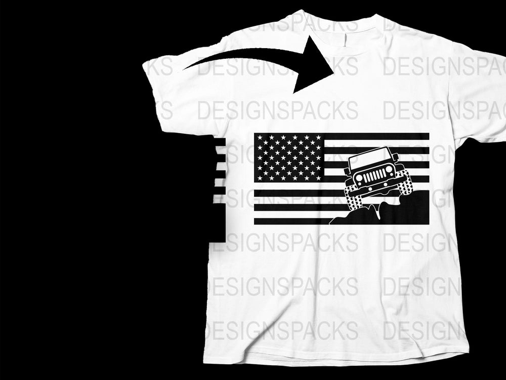 Patriotic Jeep Graphic T-Shirt, American Flag Off-Road Tee, Black and White, Unisex Casual Apparel for Jeep Lovers