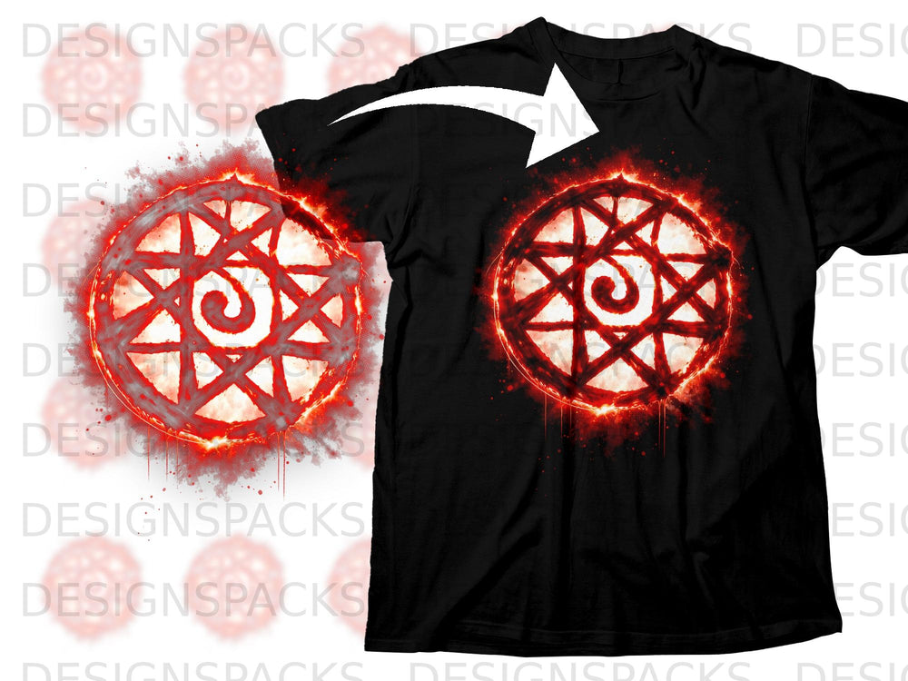 Black t-shirt with a red, fiery circular emblem.