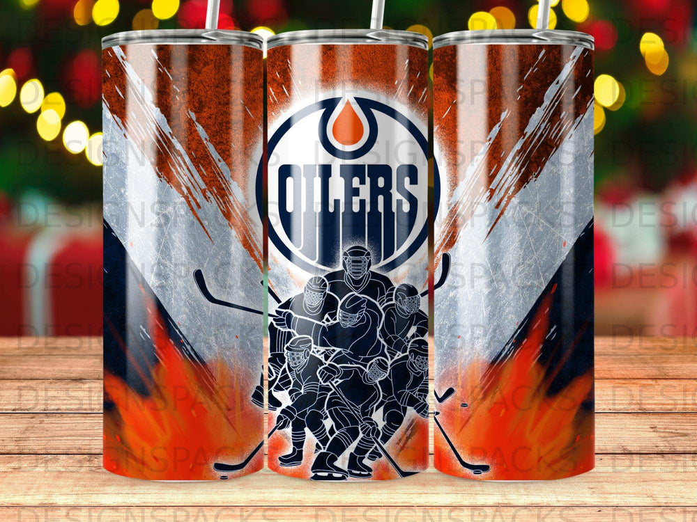 Edmonton Oilers hockey team logo and players on a tumbler.