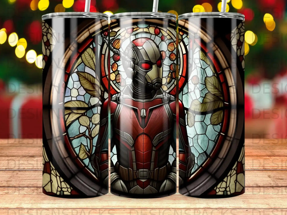 Stained glass style Ant-Man figure against a colorful, circular background.