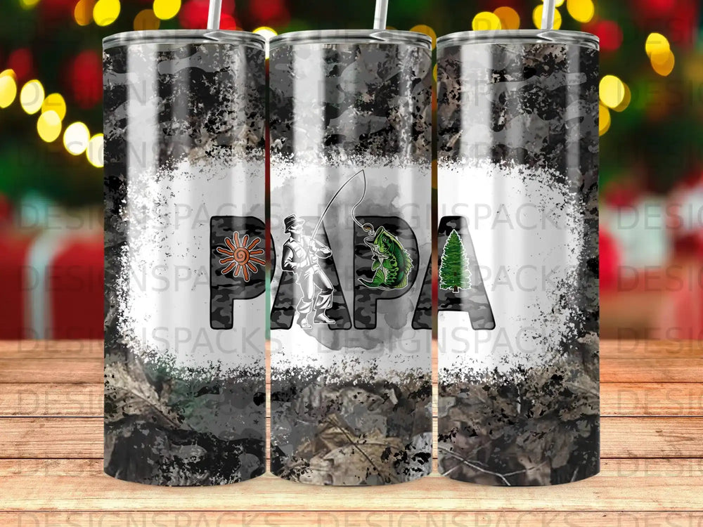 Camouflage tumbler with "PAPA" text and a fisherman silhouette.