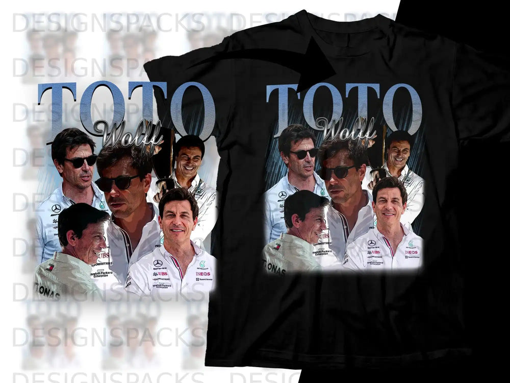 T-shirt with "TOTO" text and a collage of men, including Toto Wolff.