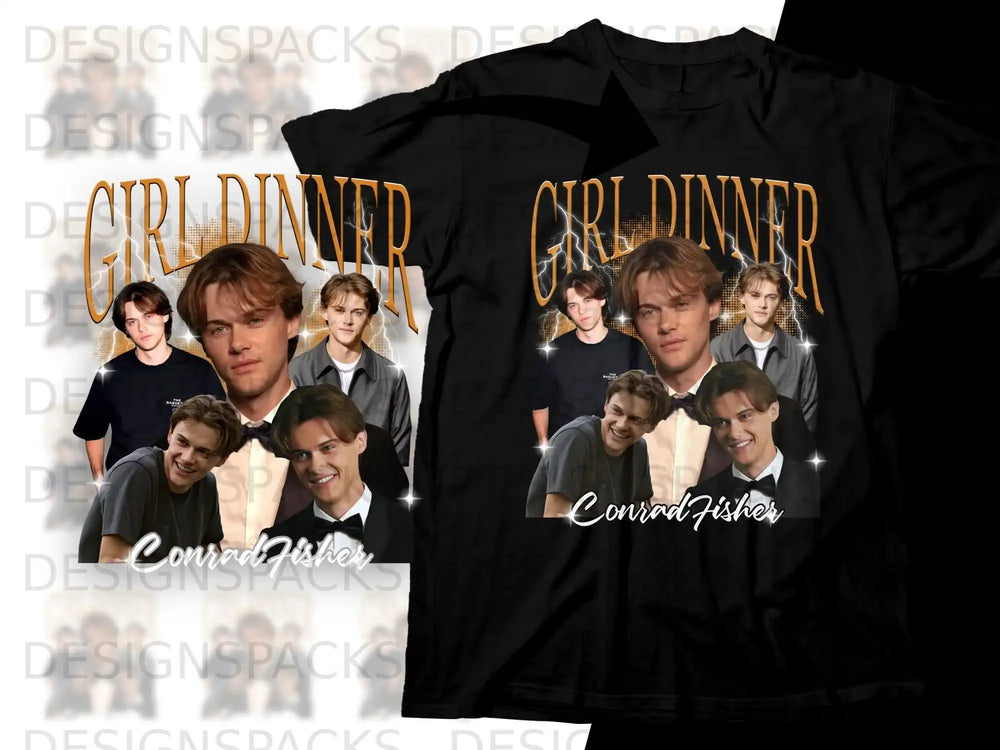 Black t-shirt featuring collage of Conrad Fisher with "Girl Dinner" text.
