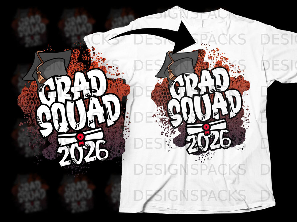 Grad Squad 2026 graphic with graduation cap and diploma on a white t-shirt.