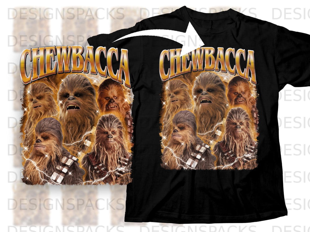 Black t-shirt with "CHEWBACCA" text and multiple Chewbacca characters.