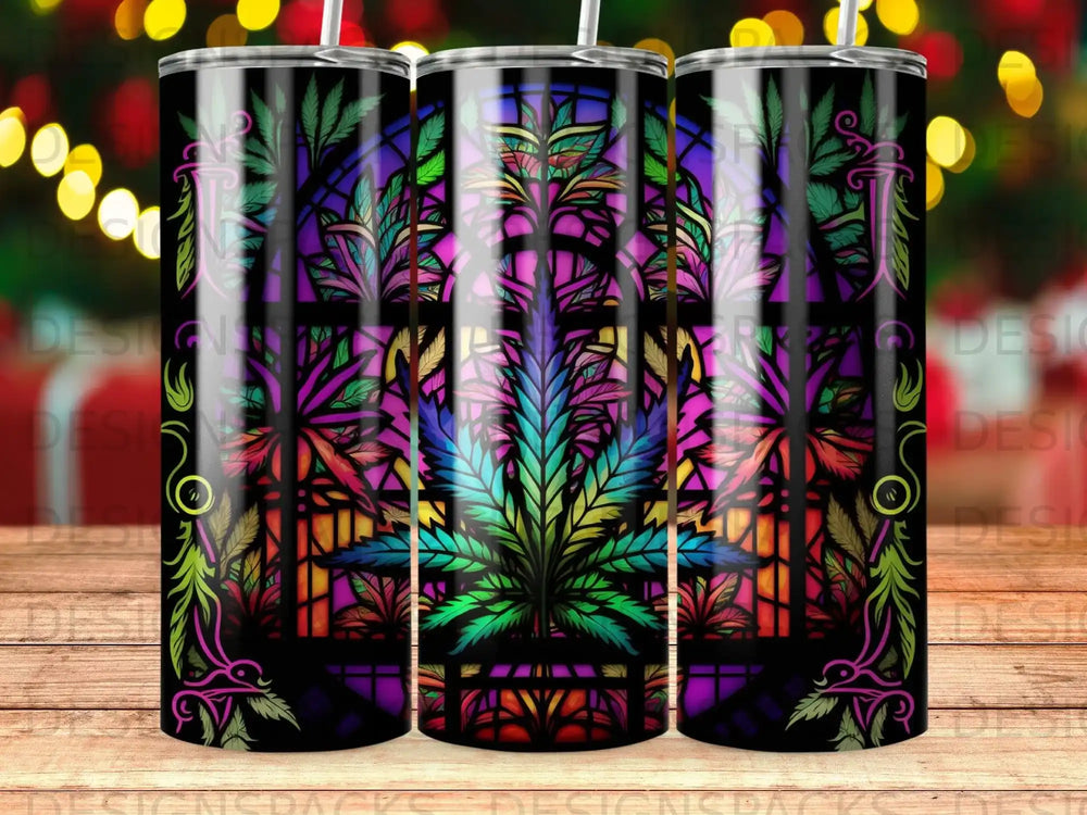 Stained glass marijuana leaf design on a black tumbler.