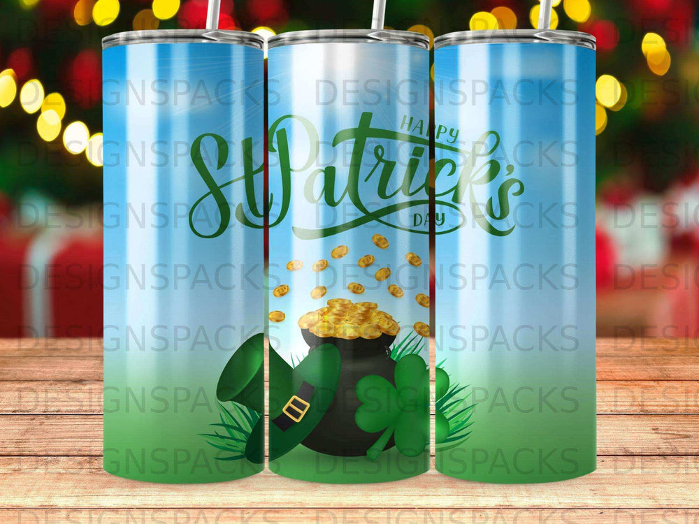 St. Patrick's Day tumbler with shamrocks, pot of gold, and text.