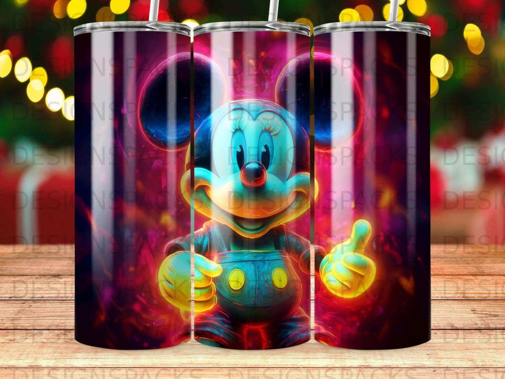 Mickey Mouse in yellow overalls against a colorful, glowing background.