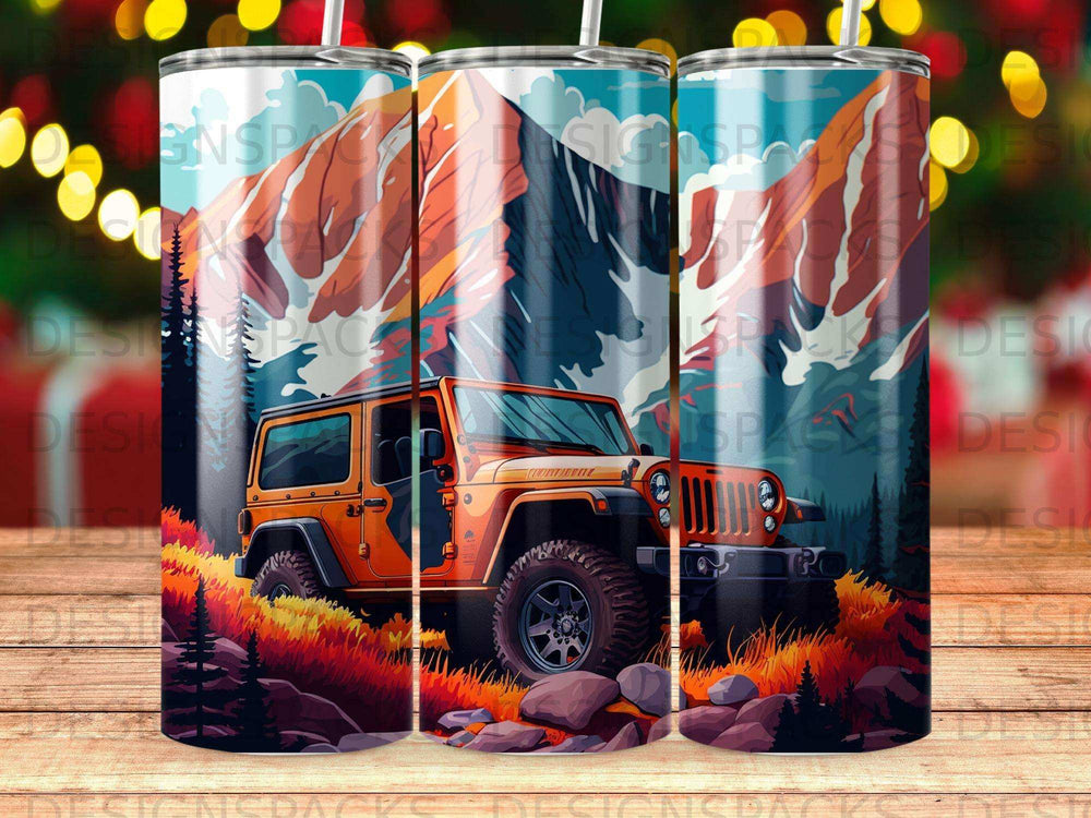 Orange Jeep Wrangler parked on rocky terrain with mountainous landscape background.
