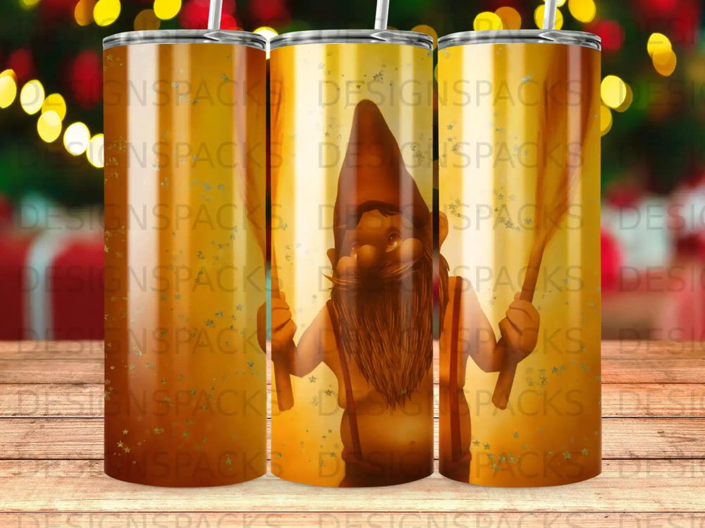 Three tumblers featuring a gnome holding brooms against a sparkly background.
