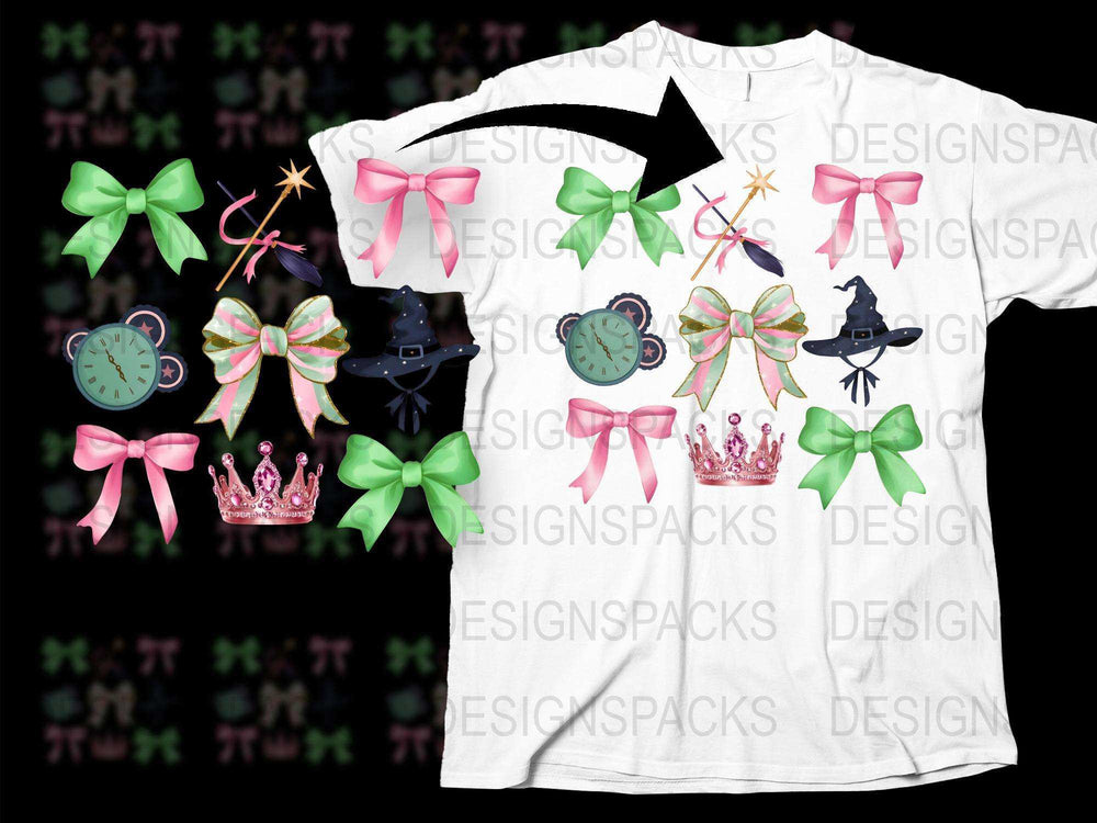 Whimsical Witch T-Shirt with Bows, Hats, Clocks, Magical Wand, and Crown Graphic Tee for All Ages