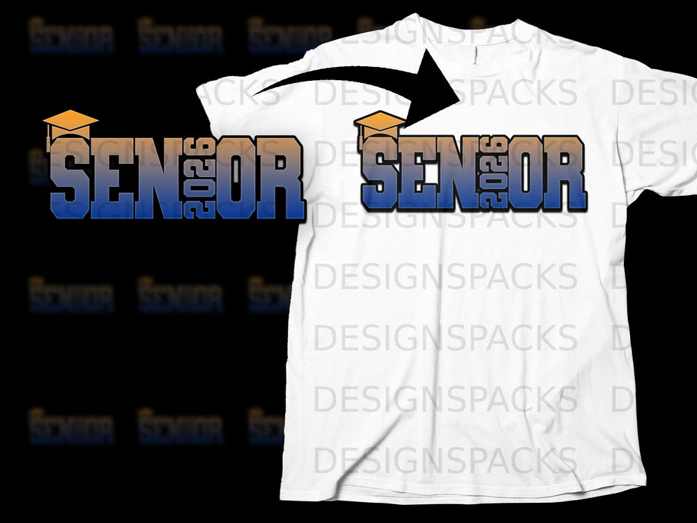 White t-shirt with blue and orange "SENIOR 2026" text and graduation cap graphic.