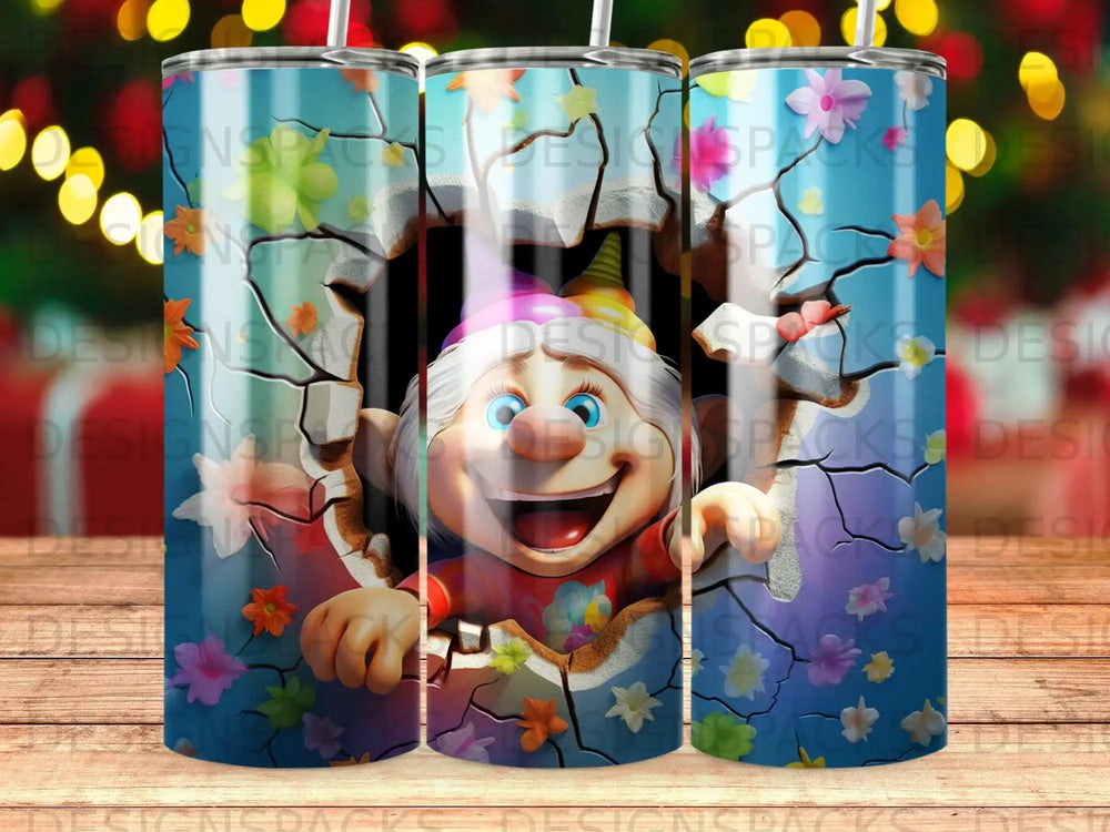 Cartoon gnome bursting through a cracked wall with flowers.