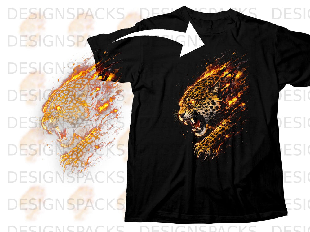 Black t-shirt with roaring leopard made of fire graphic on front.