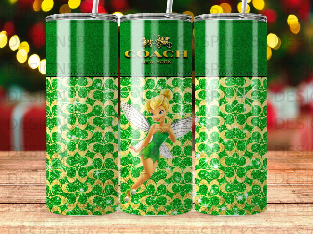 Coach New York logo with Tinkerbell on a glittery green patterned tumbler.