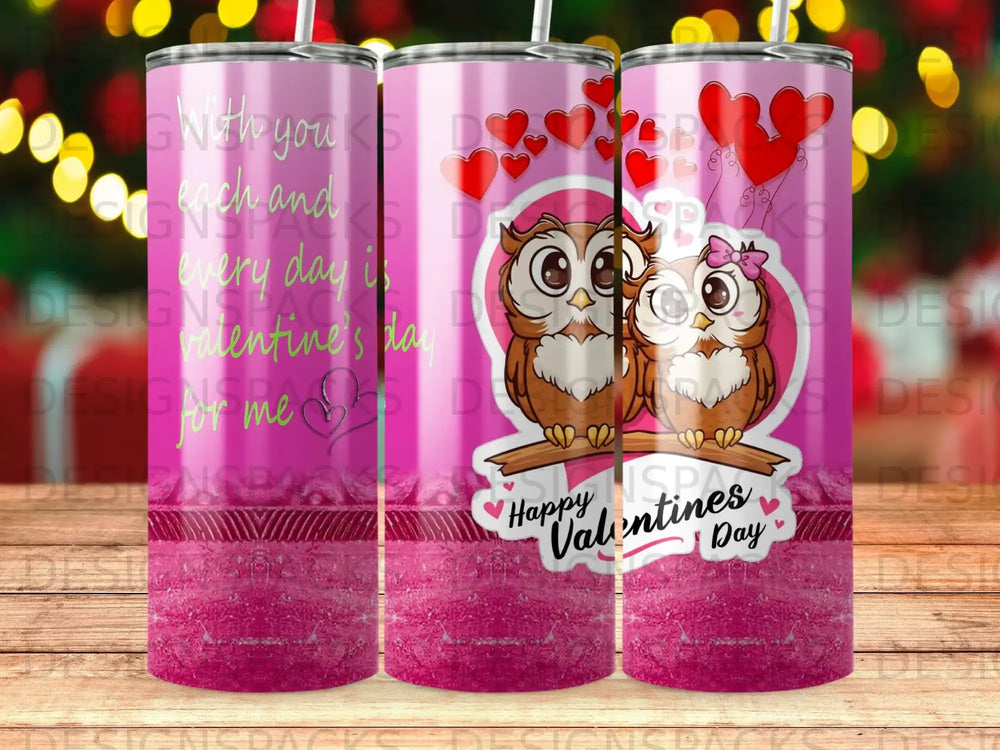 Two owls on a branch, with hearts and "Happy Valentine's Day" text.