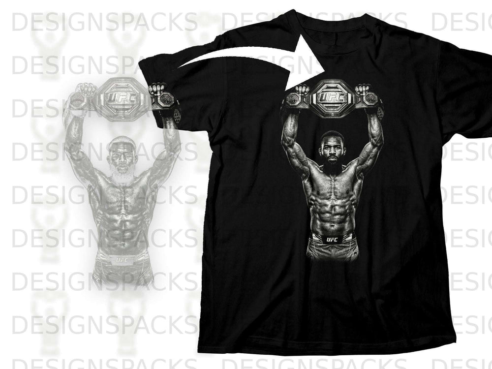 Black t-shirt with graphic of fighter holding UFC championship belt overhead.