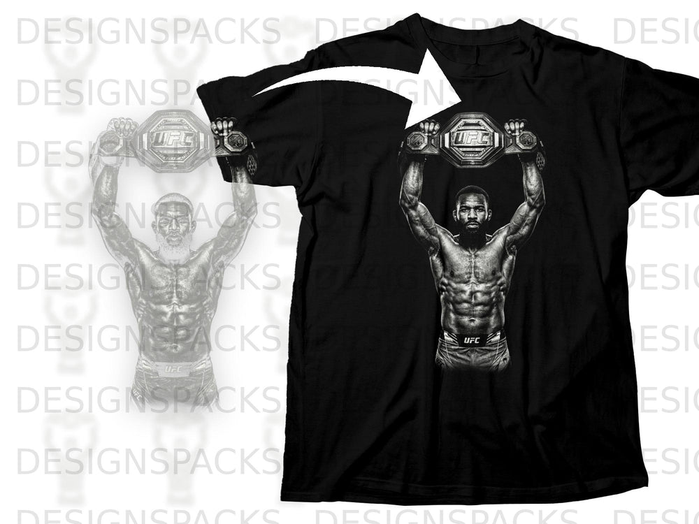 Black t-shirt with graphic of fighter holding UFC championship belt overhead.