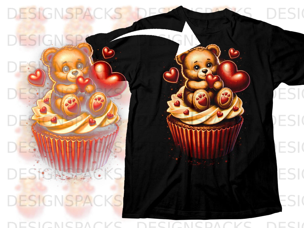 Black t-shirt with a cartoon teddy bear sitting on a cupcake and holding hearts.