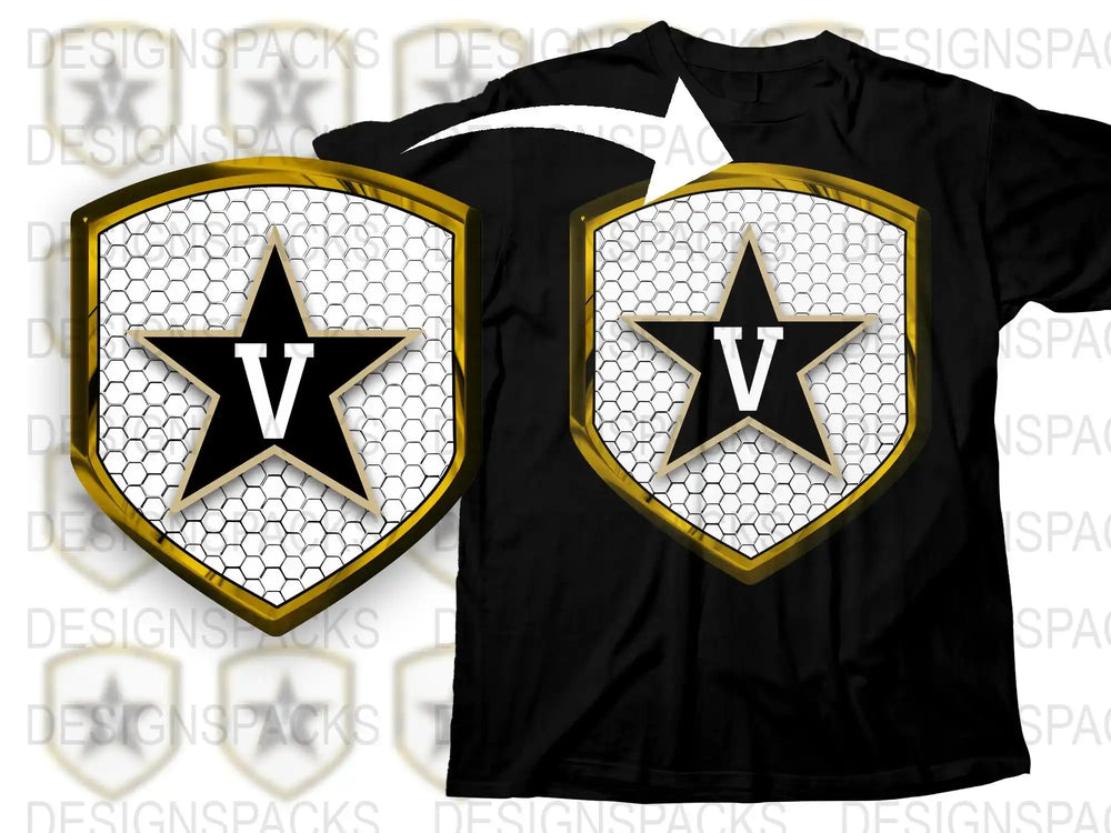 Black T-Shirt with White and Gold Hexagon Pattern, Star Shield Design, Stylish Graphic Tee