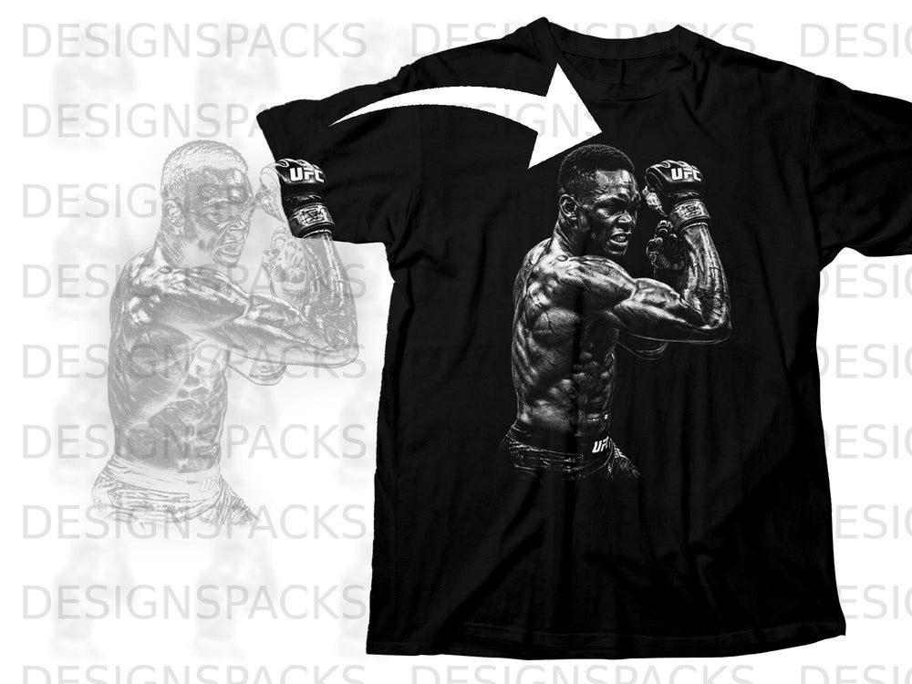 Black t-shirt with graphic of UFC fighter Israel Adesanya flexing.