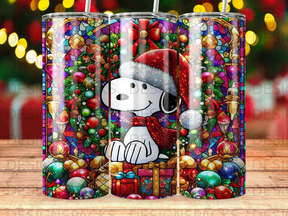 Snoopy in Santa hat and scarf on festive holiday background with ornaments and gifts.