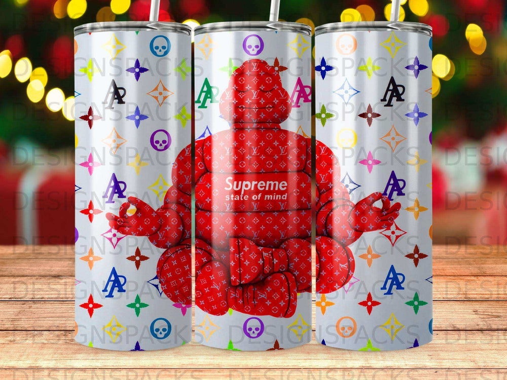 Red tumbler with Supreme logo and meditating figure on pattern.