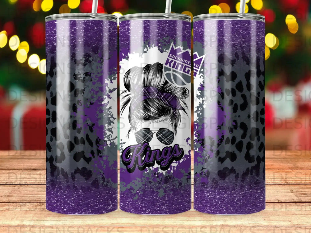 Sacramento Kings logo with plaid headband on a purple speckled tumbler.