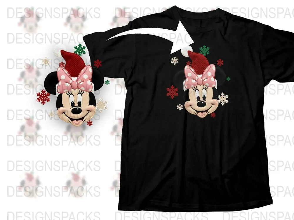 Festive Holiday T-Shirt with Cartoon Mouse Character, Christmas Snowflakes Design, Women's Casual Tee, Gift Idea
