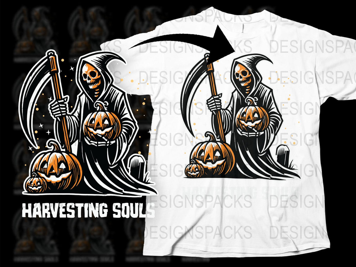 Grim Reaper Halloween T-Shirt, Spooky Pumpkin Graphic Tee, Gothic Harvesting Souls Shirt