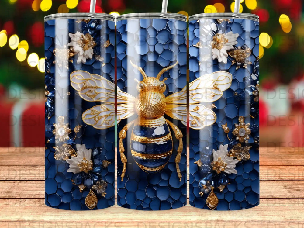 Blue honeycomb tumbler with a detailed bee and floral embellishments.