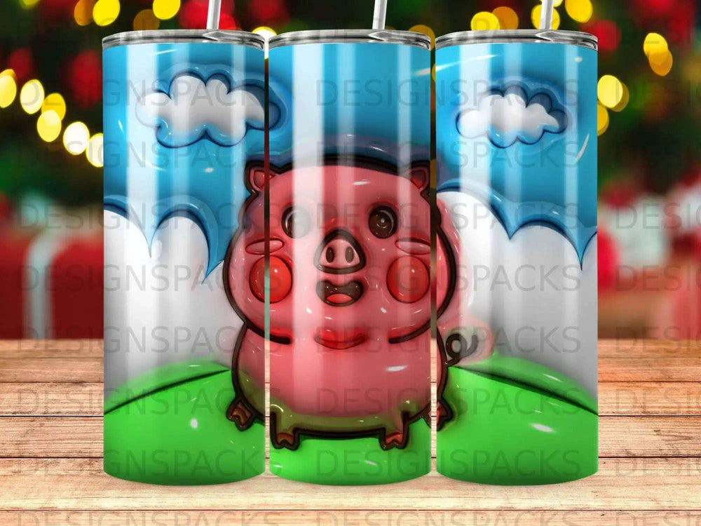 Pink cartoon pig with blue sky and green grass background.