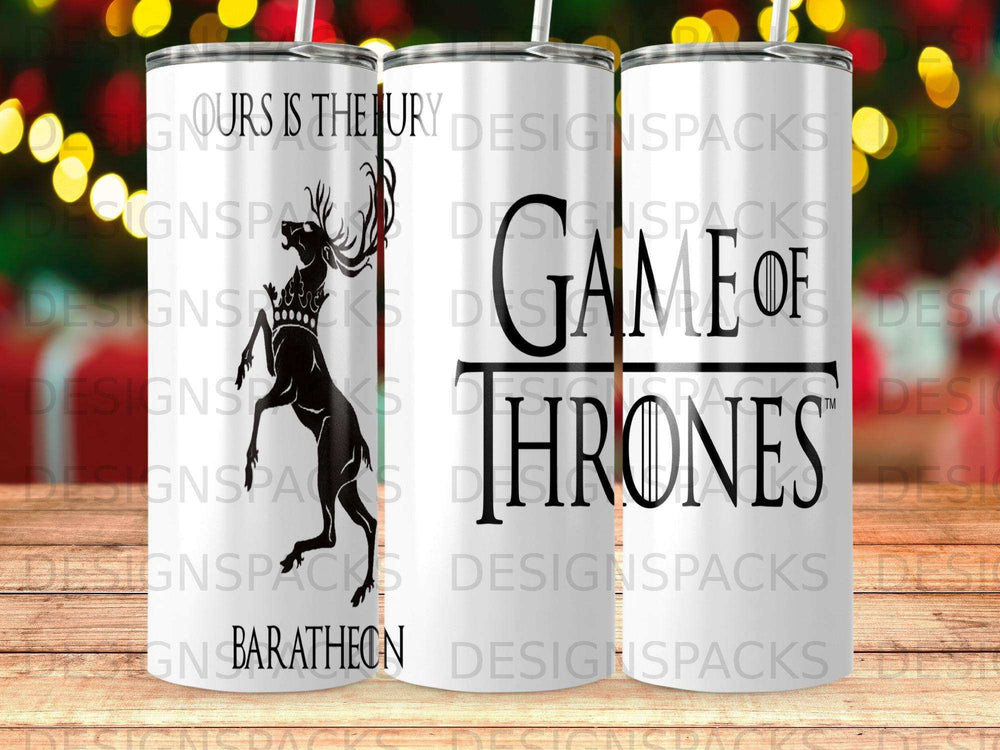 Game of Thrones tumbler featuring a stag and the words "Ours is the Fury".