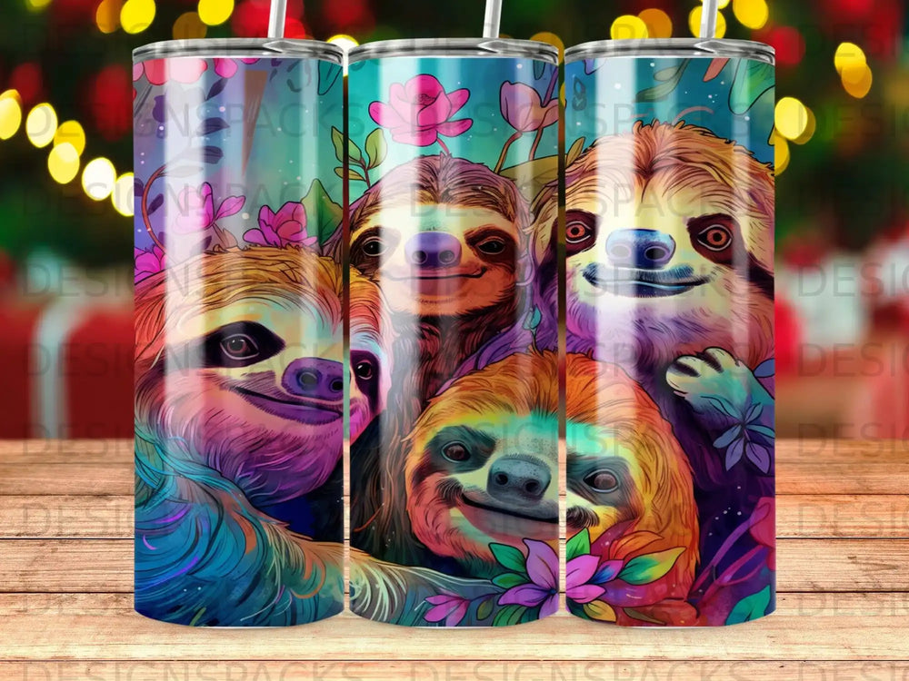 Colorful illustration of three smiling sloths among vibrant flowers and foliage.
