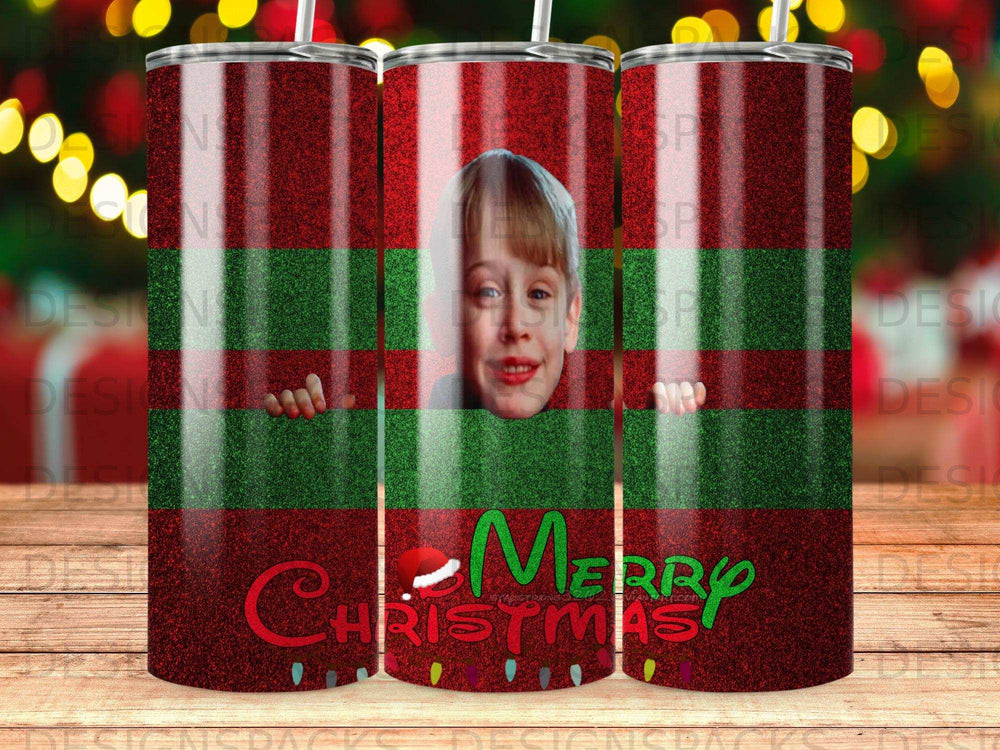 Kevin McCallister peeking over red glitter and green stripes with "Merry Christmas" text.