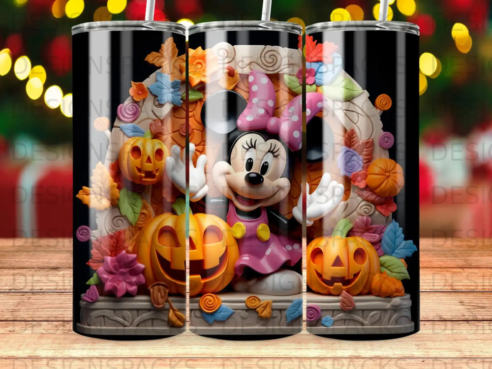 Minnie Mouse in a pink dress with pumpkins and autumn leaves.