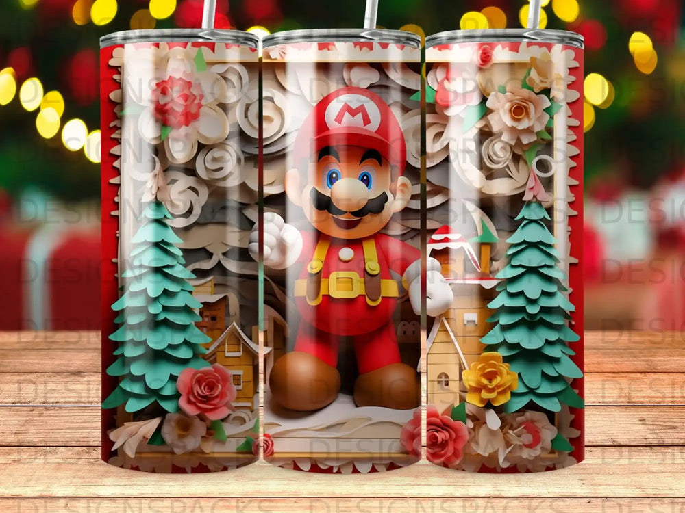 Mario character with Christmas trees and houses, on a festive tumbler design.