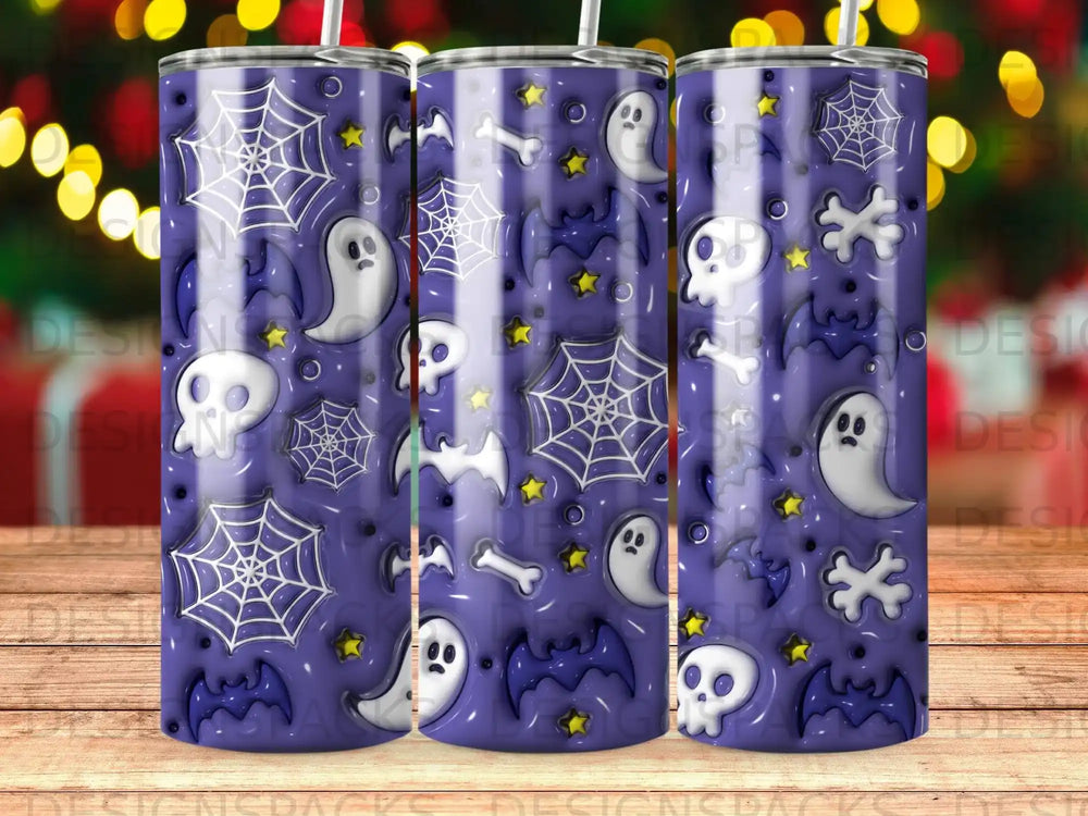 Purple tumbler with Halloween ghosts, bats, spiders, and bones pattern.