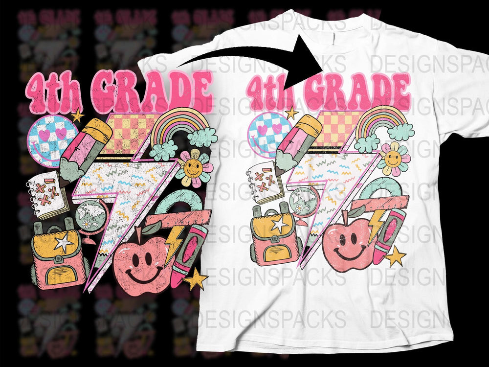 4th Grade T-Shirt, Cute School Supplies Graphic, Rainbow Star Backpack Design, Kids Fashion Tops