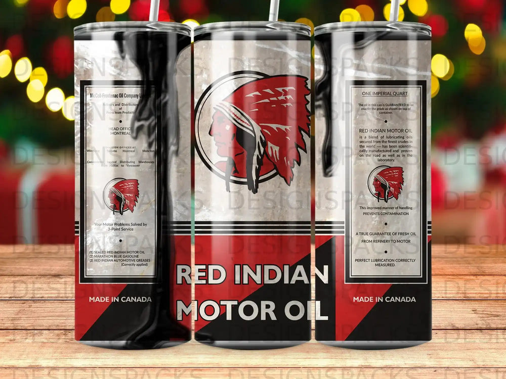 Red Indian Motor Oil quart can with vintage branding and Canadian manufacturing details.