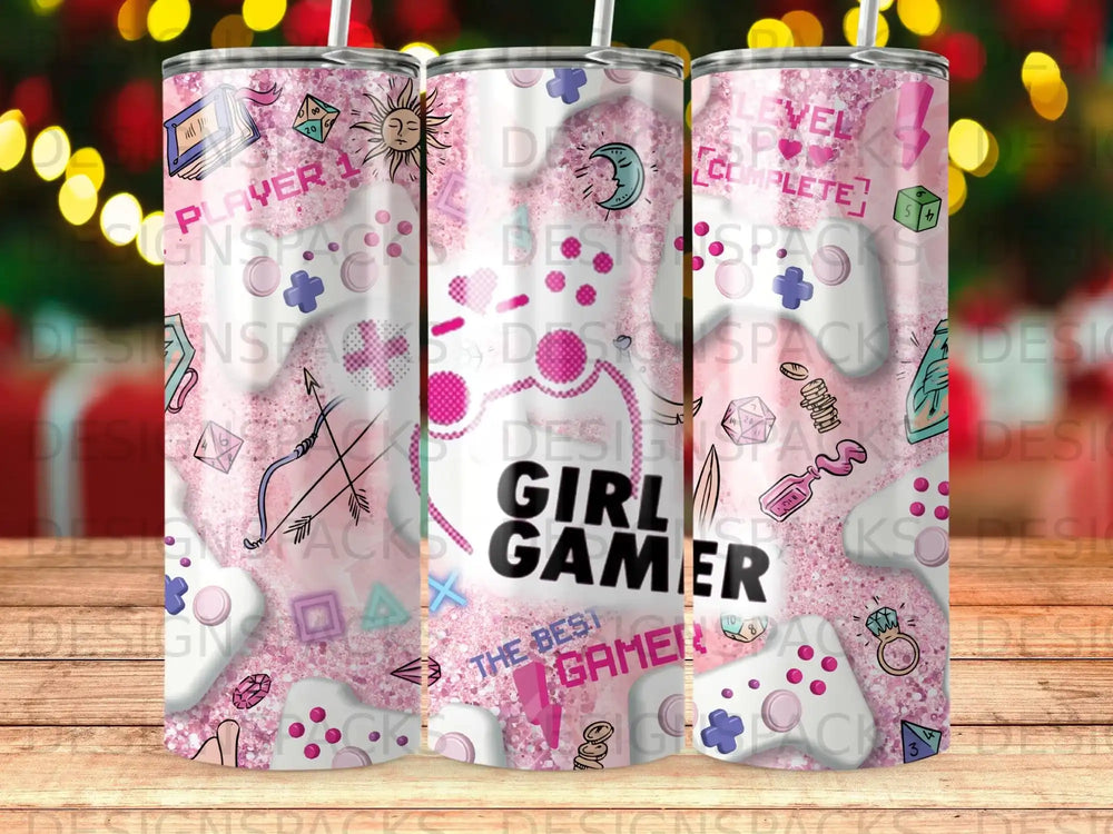Tumbler with pink and purple "Girl Gamer" design, featuring game controllers and stars.