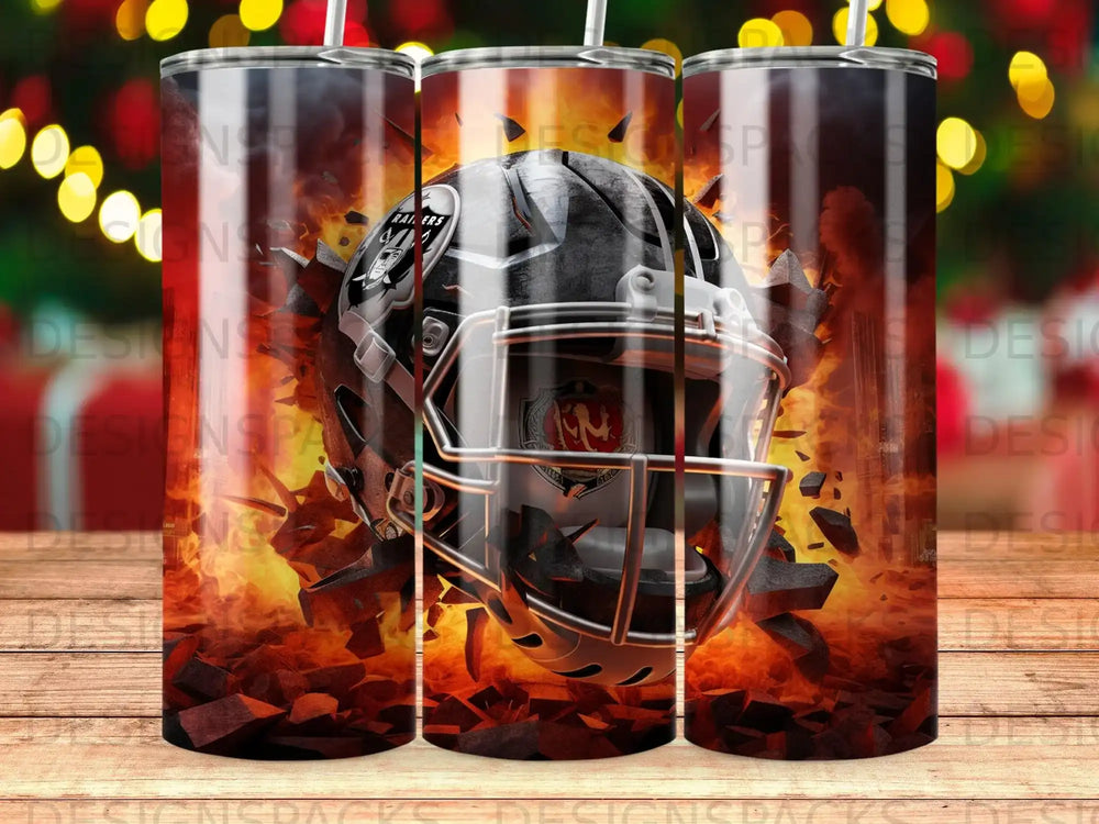 Las Vegas Raiders helmet bursting through flames and shattered glass.