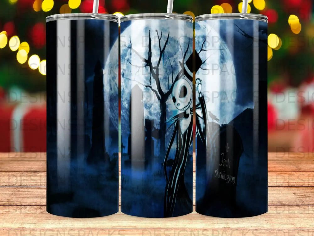 Jack Skellington in spooky graveyard under full moon, "Jack Skellington" on tombstone.