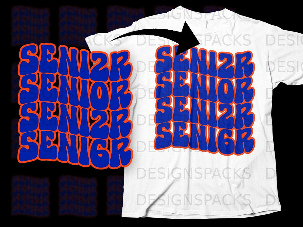 Blue and orange "SENIOR" text stacked four times on a white t-shirt.